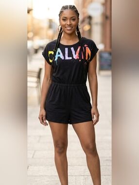 Calvin Klein Black Romper with Multicolor Logo nwot 24 inch p2p